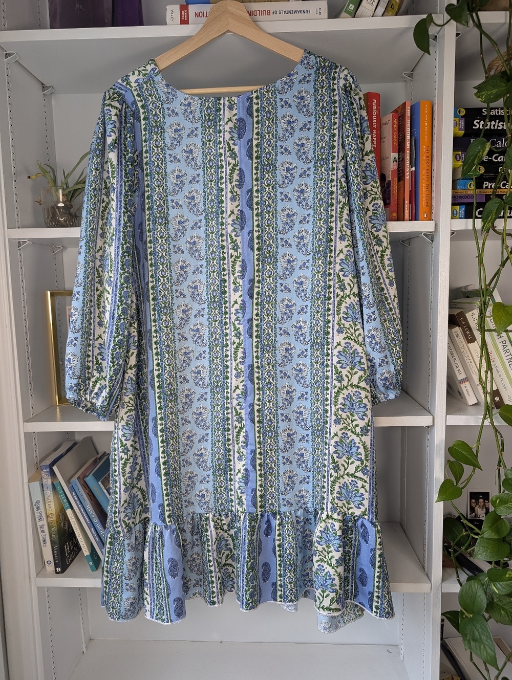 Dex V-Neck Shift Dress Blue Green Paisley Floral Patchwork Stripe Size 1X Boho - Picture 6 of 8